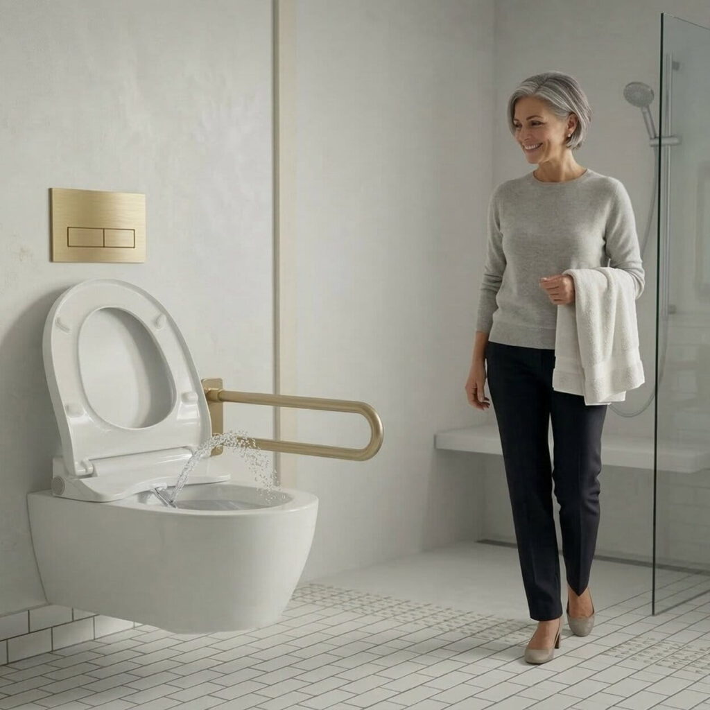 Dusch-WC mit Griffen an der Seite im hochwertigem Design (erstellt mit KI) – ©Altersgerecht Modernisieren