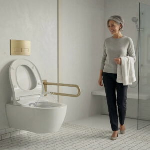 Dusch-WC mit Griffen an der Seite im hochwertigem Design (erstellt mit KI) – ©Altersgerecht Modernisieren
