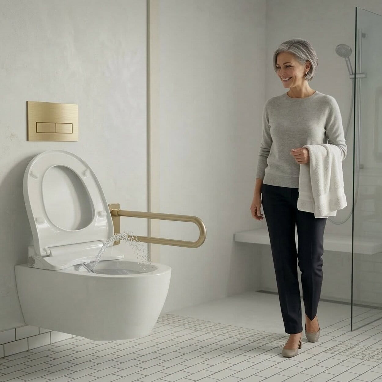 Dusch-WC mit Griffen an der Seite im hochwertigem Design (erstellt mit KI) – ©Altersgerecht Modernisieren