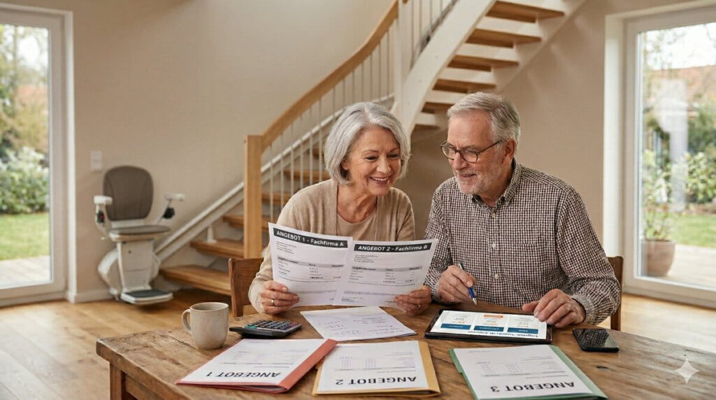 Ehepaar sitzt am Küchentisch und führt einen Treppenlift Angebotsvergleich durch (Symbolbild KI) - © Altersgerecht Modernisieren