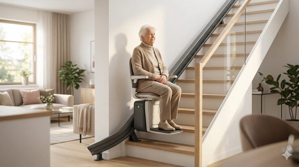 Frau fährt mit einem akkubetriebenen Treppenlift die Treppe hoch - ©Altersgerecht Modernisieren