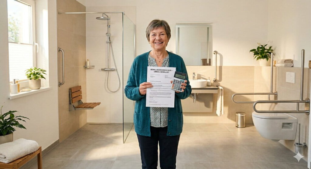 Frau hält einen bewilligten Förderantrag in ihrem barrierefreien Badezimmer - ©Altersgerecht Modernisieren