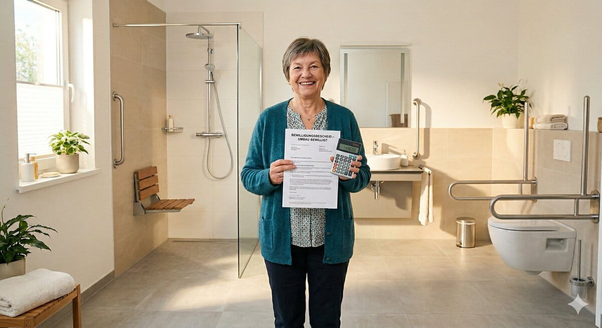 Frau hält einen bewilligten Förderantrag in ihrem barrierefreien Badezimmer (erstellt mit KI) - ©Altersgerecht Modernisieren