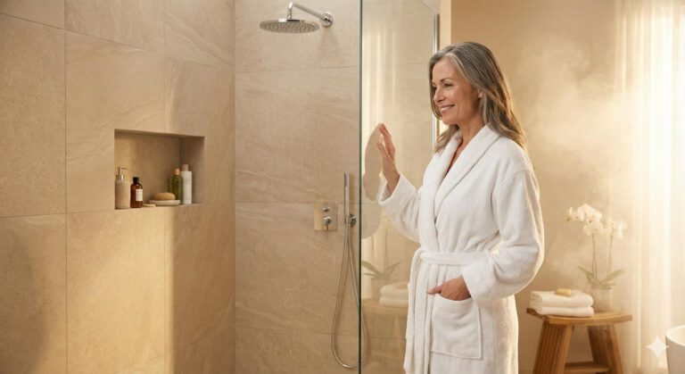 Frau steht vor einer ebenerdigen Dusche (erstellt mit KI) - ©Altersgerecht Modernisieren