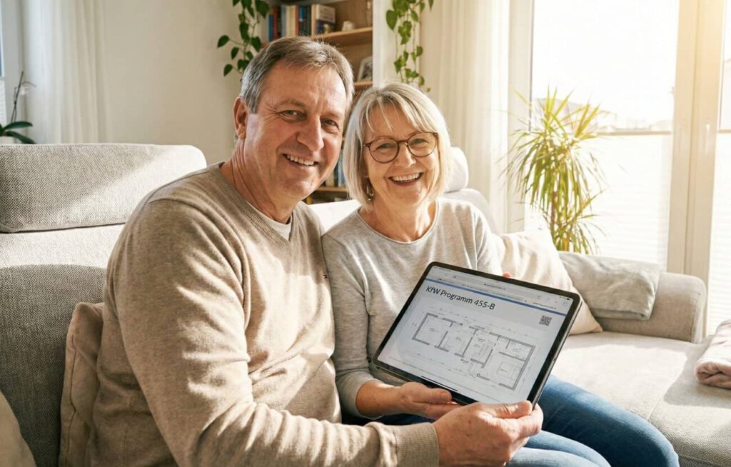 Glückliches Ehepaar beim Beantragen des KfW Zuschusses für barrierefreie Umbauten