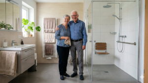 Glückliches Ehepaar im altersgerechten Badezimmer (erstellt mit KI) – ©Altersgerecht Modernisieren
