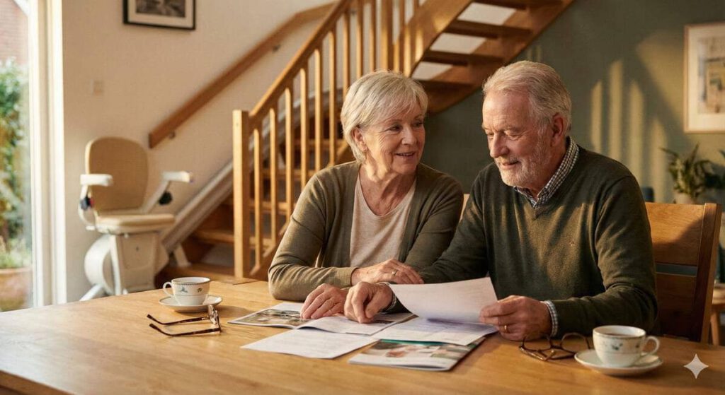Glückliches Ehepaar mit Ihrem Treppenlift im Eigenheim (erstellt mit KI) - ©Altersgerecht Modernisieren