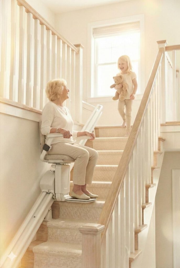 Großmutter fährt mit einem Treppenlift ein Stockwerk hinauf um mit dem Enkelkind zu spielen - ©Altersgerecht Modernisieren