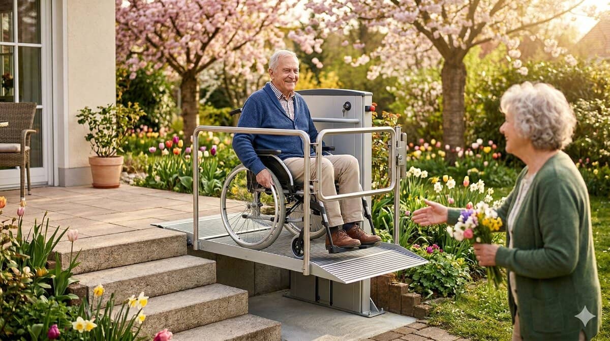 Treppenlift außen: Hublift neben der Eingangstreppe eines Wohnhauses (erstellt mit KI)