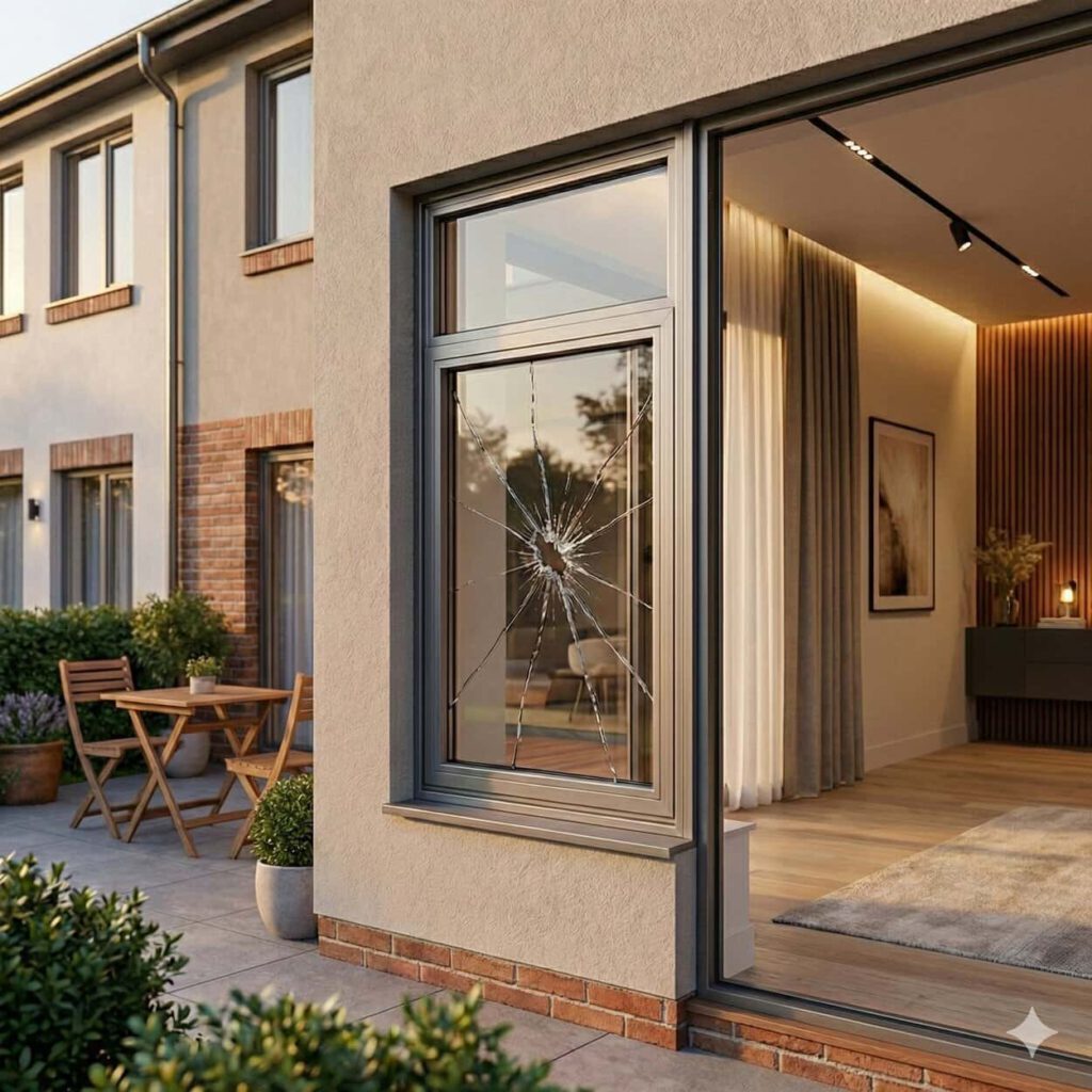 Kaputtes Fenster in einem Reihenhaus (erstellt mit KI) – ©Altersgerecht Modernisieren