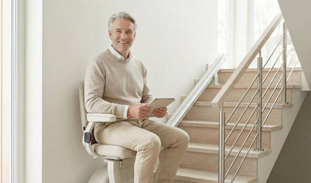 Mann ist glücklich auf einem Treppenlift (erstellt mit KI) - ©Altersgerecht Modernisieren