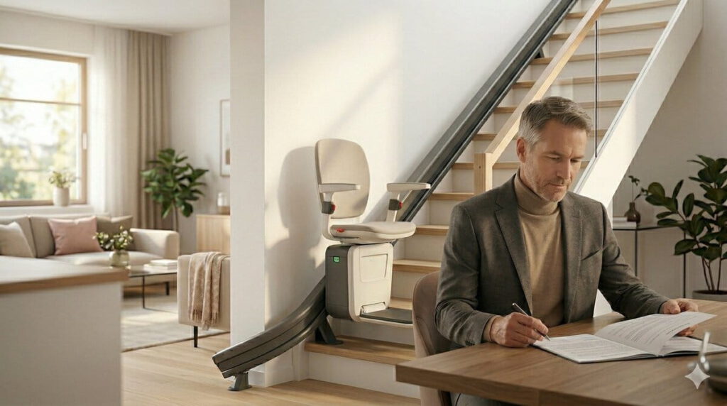 Mann prüft nach dem Todesfall seiner Eltern die vertraglichen Bedingungen im Bezug auf den Treppenlift (erstellt mit KI) – ©Altersgerecht Modernisieren