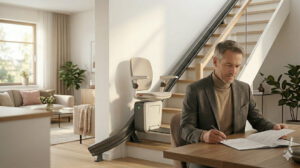 Mann prüft nach dem Todesfall seiner Eltern die vertraglichen Bedingungen im Bezug auf den Treppenlift (erstellt mit KI) – ©Altersgerecht Modernisieren