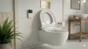 Modernes Dusch-WC in einem sanierten Altbau (erstellt mit KI) – ©Altersgerecht Modernisieren