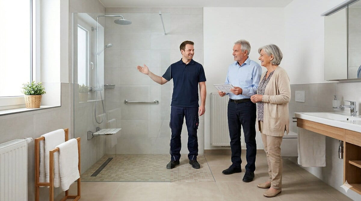 Monteur erklärt die barrierefreien Umbaumaßnahmen im Badezimmer (erstellt mit KI) - ©Altersgerecht Modernisieren