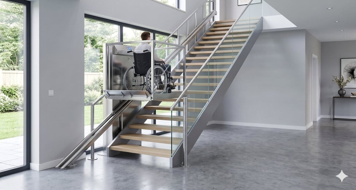 Plattformlift für Rollstuhlfahrer an einer Treppe im Eigenheim (erstellt mit KI)