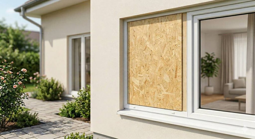 Provisorisch abgesichertes Fenster nach Einbruch (erstellt mit KI) - ©Altersgerecht Modernisieren