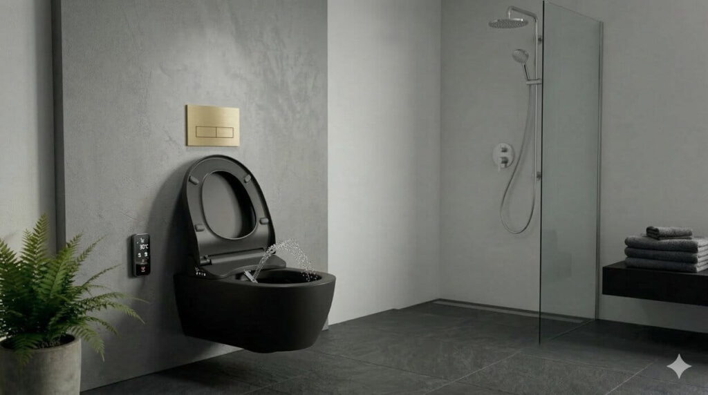 Schwarzes Dusch-WC in einem minimalistischen Bad (erstellt mit KI) – ©Altersgerecht Modernisieren