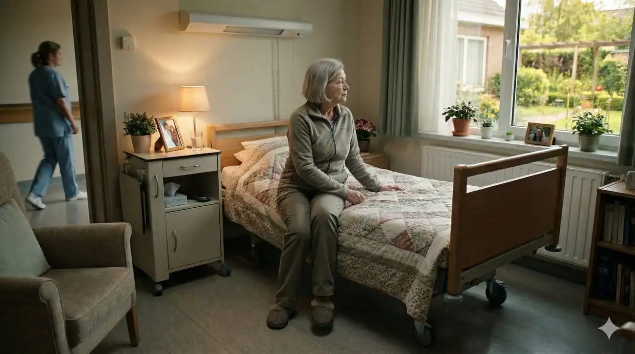 Seniorin schaut nachdenklich aus dem Fenster im Pflegeheim