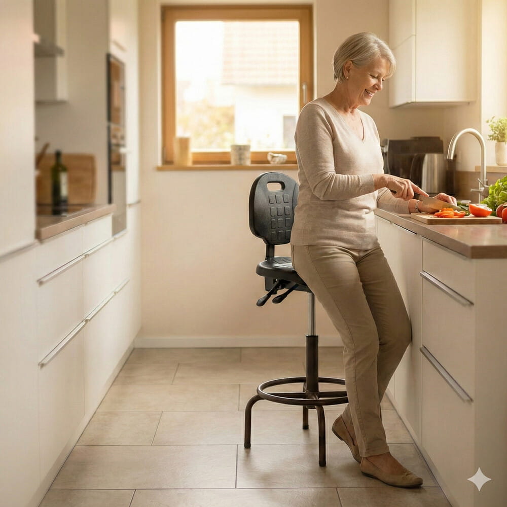 Seniorin verwendet eine Stehhilfe in der Küche (erstellt mit KI) - ©Altersgerecht Modernisieren