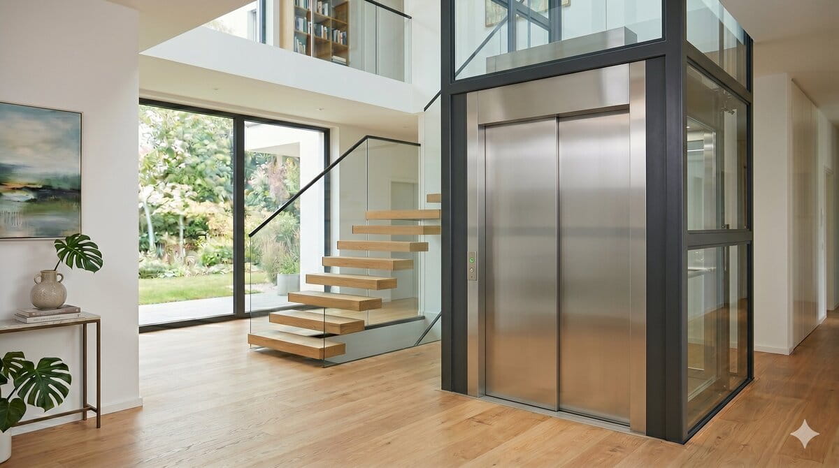Senkrechtlift in einem luxuriösen Eigenheim (Symbolbild KI) – ©Altersgerecht Modernisieren
