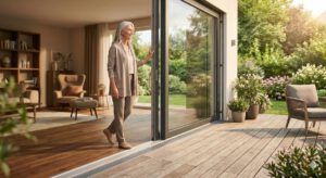 Terrassentür ohne Schwelle mit Drainagerinne (erstellt mit KI) – ©Altersgerecht Modernisieren