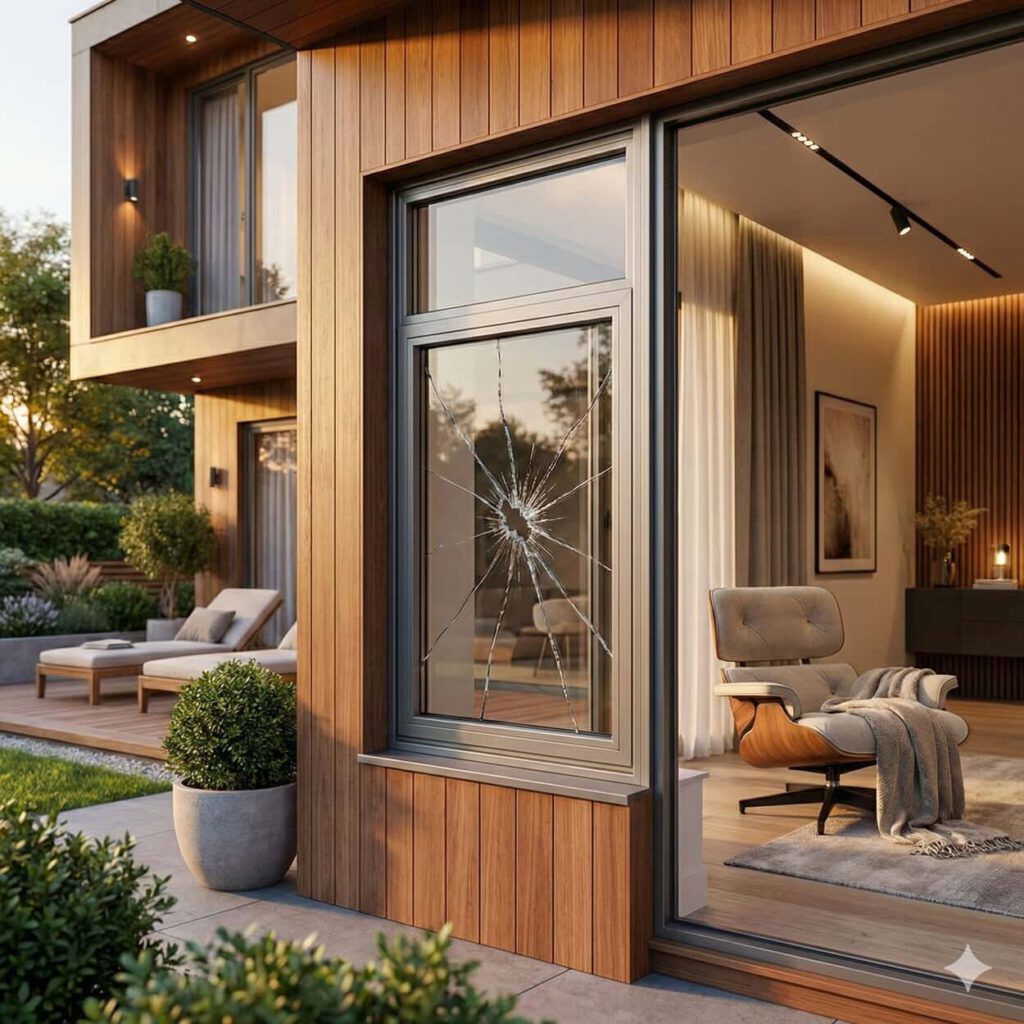 Zu reparierendes Fenster in einem luxuriösen und modernen Einfamilienhaus (erstellt mit KI) – ©Altersgerecht Modernisieren